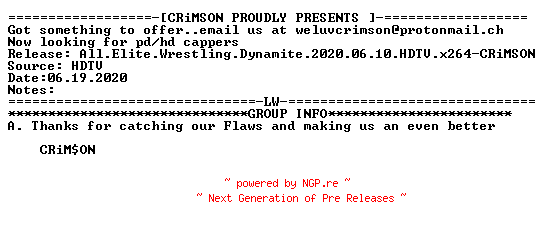 NFO for the release All.Elite.Wrestling.Dynamite.2020.06.10.HDTV.x264-CRiMSON by CRiMSON