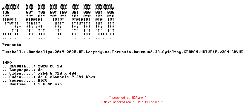 NFO for the release Fussball.1.Bundesliga.2019-2020.RB.Leipzig.vs.Borussia.Dortmund.33.Spieltag.GERMAN.HDTVRiP.x264-SKYHD by SKYHD