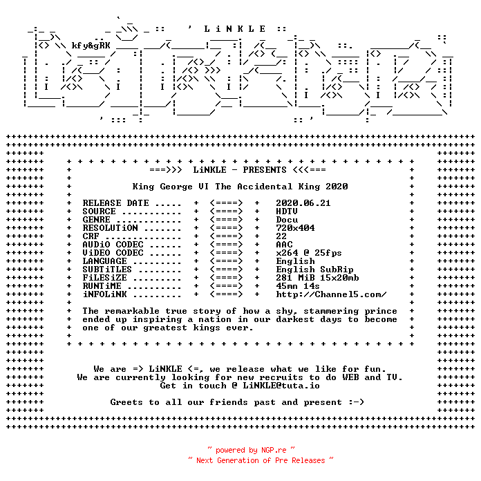 NFO for the release King.George.VI.The.Accidental.King.2020.HDTV.x264-LiNKLE by LiNKLE