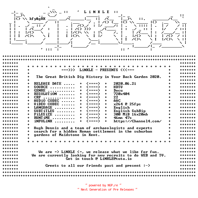 NFO for the release The.Great.British.Dig.History.in.Your.Back.Garden.2020.HDTV.x264-LiNKLE by LiNKLE