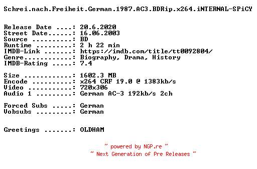 NFO for the release Schrei.nach.Freiheit.German.1987.AC3.BDRip.x264.iNTERNAL-SPiCY by SPiCY