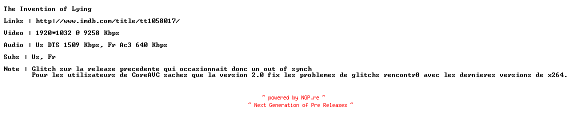 NFO for the release The.Invention.of.Lying.REPACK.720p.FRENCH.BluRay.x264-ForceBleue by ForceBleue