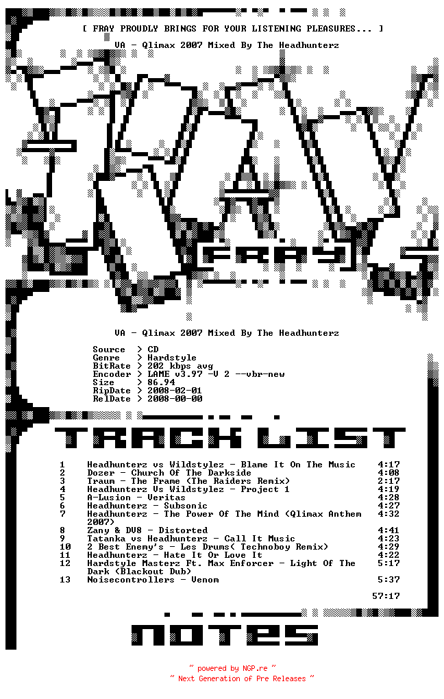 NFO for the release VA-Qlimax_2007_Mixed_By_The_Headhunterz-2008-FRAY by FRAY