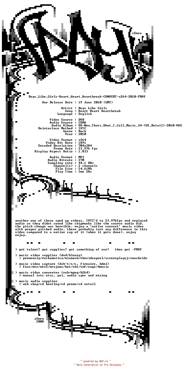 NFO for the release Boys_Like_Girls-Heart_Heart_Heartbreak-CONVERT-x264-2010-FRAY by FRAY