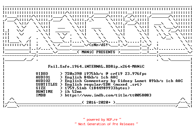 NFO for the release Fail.Safe.1964.iNTERNAL.BDRip.x264-MANiC by MANiC