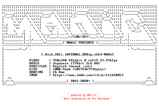 NFO for the release I.Wish.2011.iNTERNAL.BDRip.x264-MANiC by MANiC