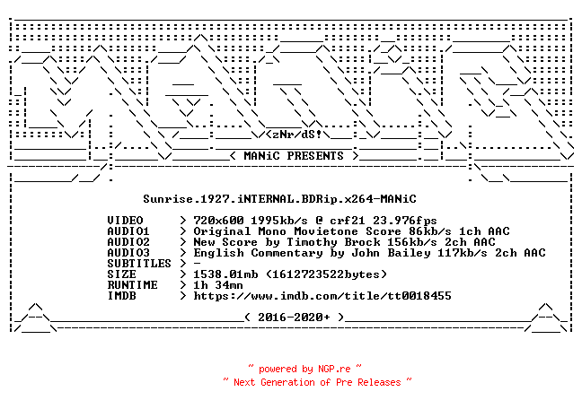 NFO for the release Sunrise.1927.iNTERNAL.BDRip.x264-MANiC by MANiC