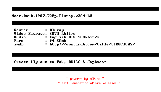 NFO for the release Near.Dark.1987.720p.Bluray.x264-hV by hV