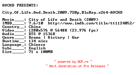 NFO for the release City.Of.Life.And.Death.2009.720p.BluRay.x264-AVCHD by AVCHD