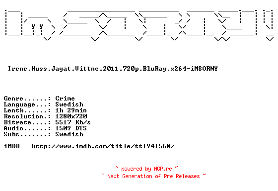 NFO for the release Irene.Huss.Jagat.Vittne.2011.720p.BluRay.x264-iMSORNY by iMSORNY