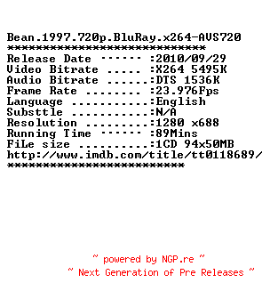 NFO for the release Bean.1997.720p.BluRay.x264-AVS720 by AVS720