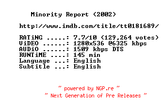 NFO for the release Minority.Report.2002.720p.BluRay.x264-MELiTE by MELiTE