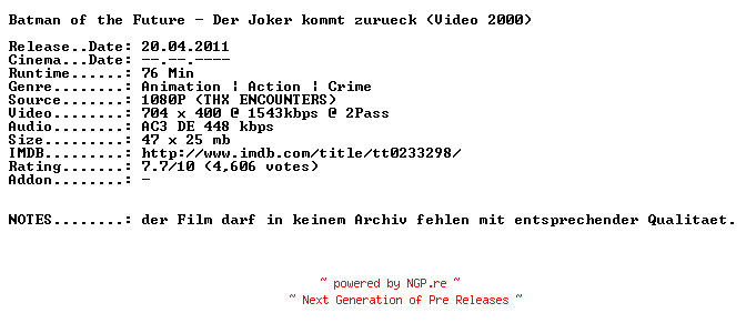 NFO for the release Batman.of.the.Future.Der.Joker.kommt.zurueck.German.2000.AC3.BDRip.XviD-NQD by NQD