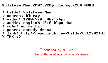 NFO for the release Solitary.Man.2009.720p.BluRay.x264-NOHD by NOHD