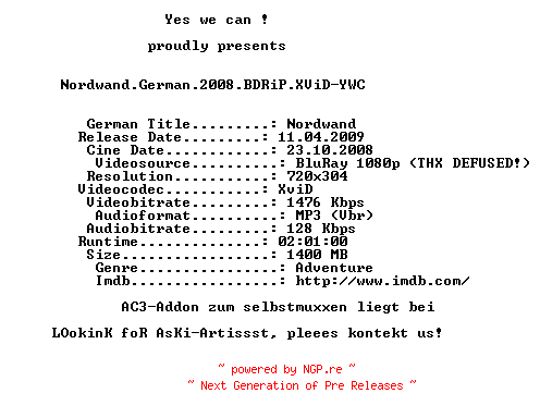 NFO for the release Nordwand.German.2008.BDRiP.XViD-YWC by YWC
