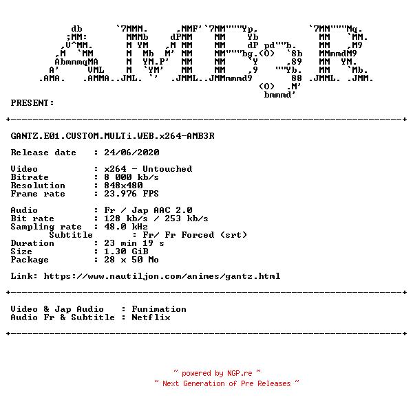 NFO for the release GANTZ.E01.CUSTOM.MULTi.WEB.x264-AMB3R by AMB3R