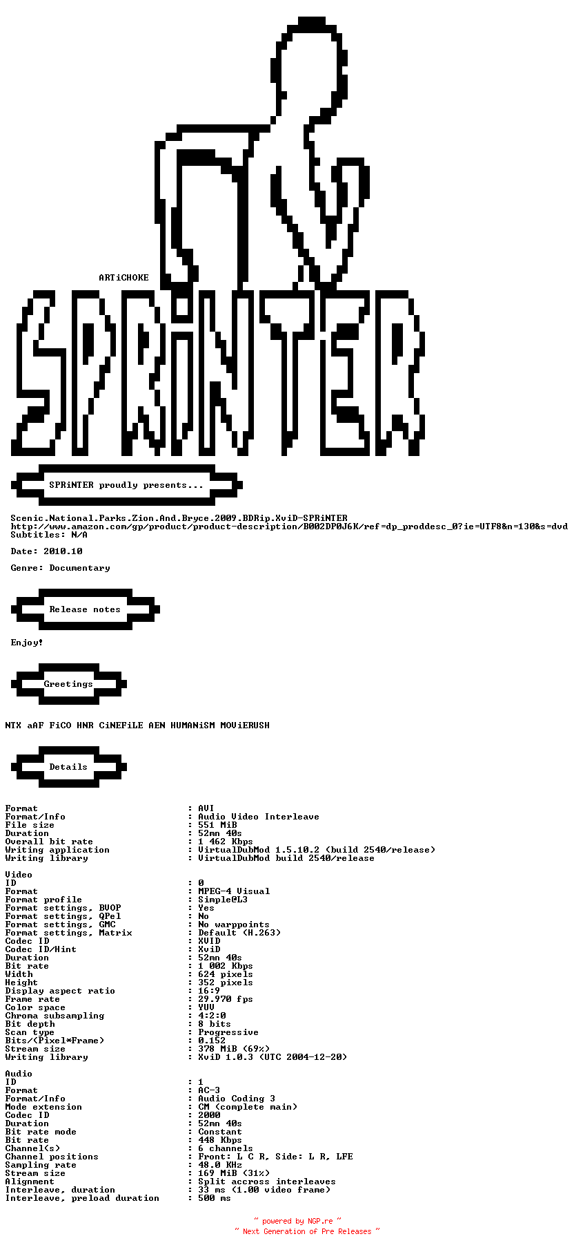 NFO for the release Scenic.National.Parks.Zion.And.Bryce.2009.BDRip.XviD-SPRiNTER by SPRiNTER