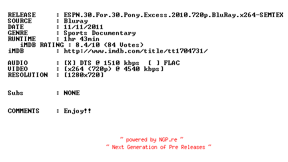NFO for the release ESPN.30.For.30.Pony.Excess.2010.720p.BluRay.x264-SEMTEX by SEMTEX