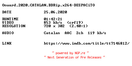 NFO for the release Onward.2020.CATALAN.BDRip.x264-DESPACiTO by DESPACiTO