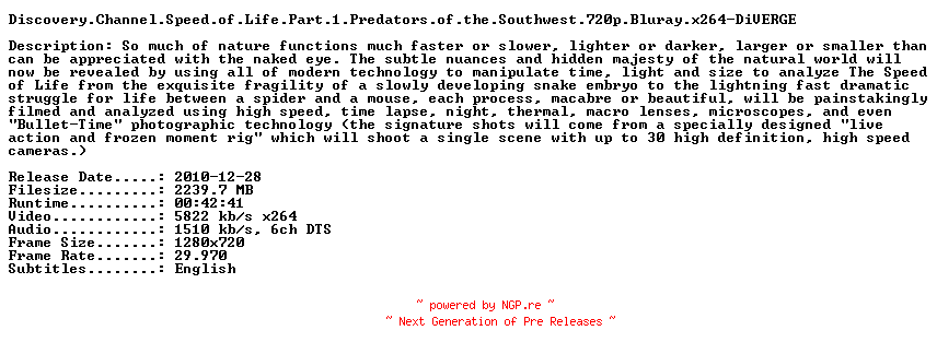 NFO for the release Discovery.Channel.Speed.of.Life.Part.1.Predators.of.the.Southwest.720p.Bluray.x264-DiVERGE by DiVERGE