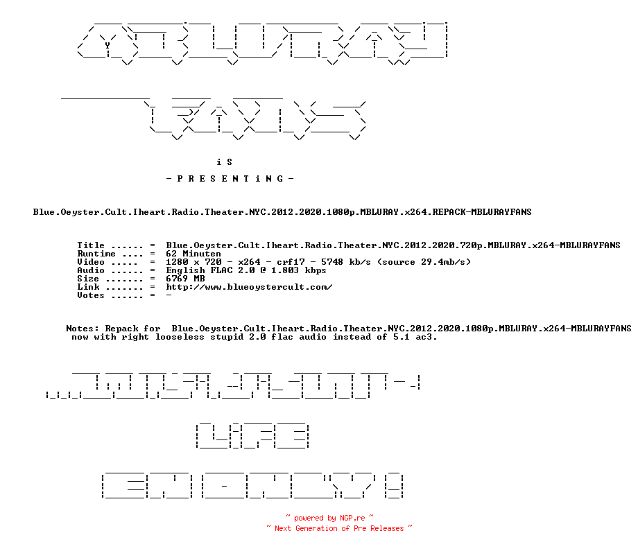 NFO for the release Blue.Oeyster.Cult.Iheart.Radio.Theater.NYC.2012.2020.1080p.MBLURAY.x264.REPACK-MBLURAYFANS by MBLURAYFANS