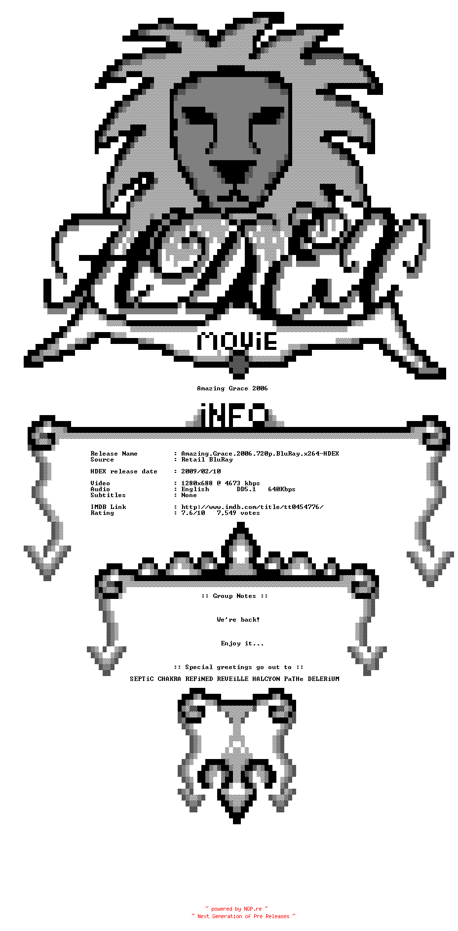NFO for the release Amazing.Grace.2006.720p.BluRay.x264-HDEX by HDEX