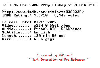 NFO for the release Tell.No.One.2006.720p.BluRay.x264-CiNEFiLE by CiNEFiLE