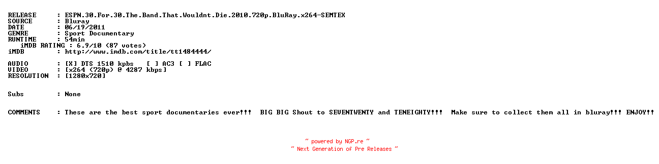 NFO for the release ESPN.30.For.30.The.Band.That.Wouldnt.Die.2010.720p.BluRay.x264-SEMTEX by SEMTEX