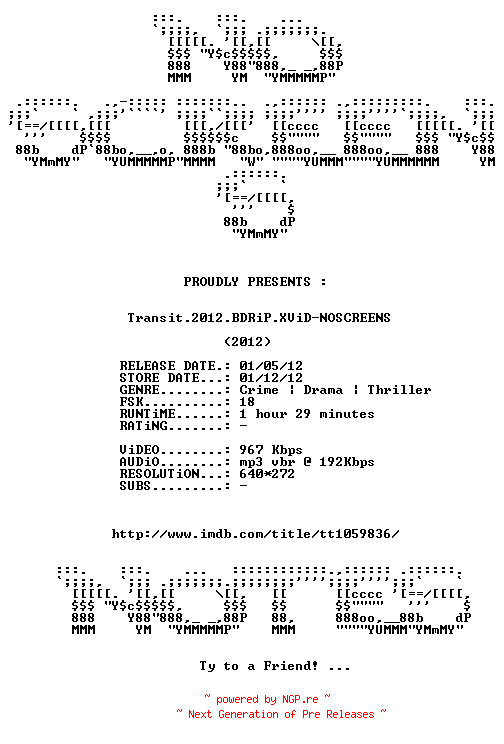NFO for the release Transit.2012.BDRiP.XViD-NOSCREENS by NOSCREENS