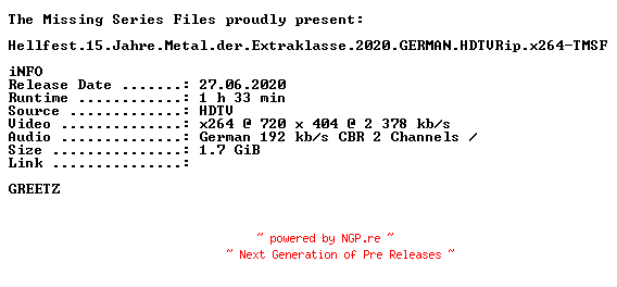 NFO for the release Hellfest.15.Jahre.Metal.der.Extraklasse.2020.GERMAN.HDTVRip.x264-TMSF by TMSF