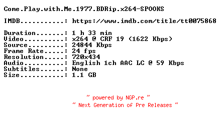 NFO for the release Come.Play.with.Me.1977.BDRip.x264-SPOOKS by SPOOKS