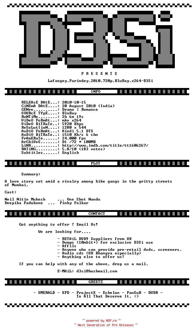 NFO for the release Lafangey.Parindey.2010.720p.BluRay.x264-D3Si by D3Si