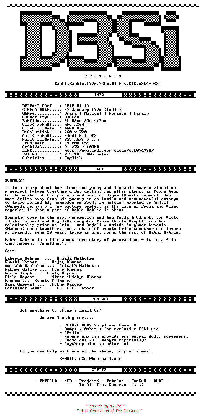 NFO for the release Kabhi.Kabhie.1976.720p.BluRay.x264-D3Si by D3Si