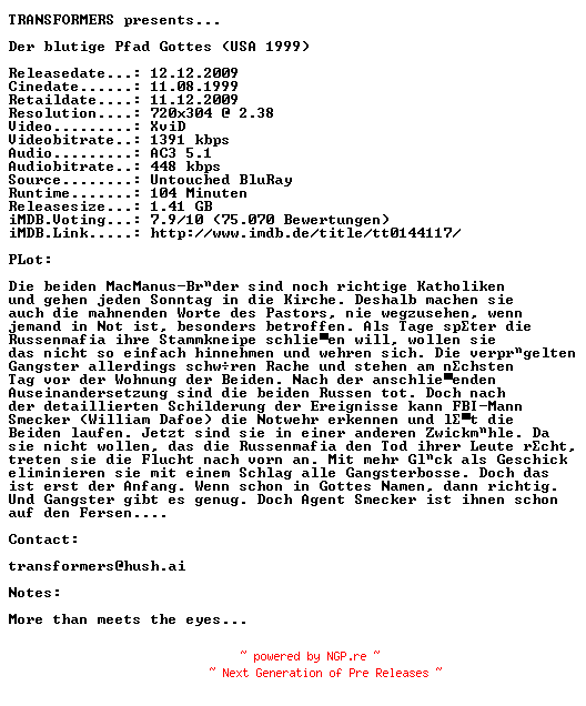 NFO for the release Der.blutige.Pfad.Gottes.German.AC3.BDRip.XviD-TRANSFORMERS by TRANSFORMERS
