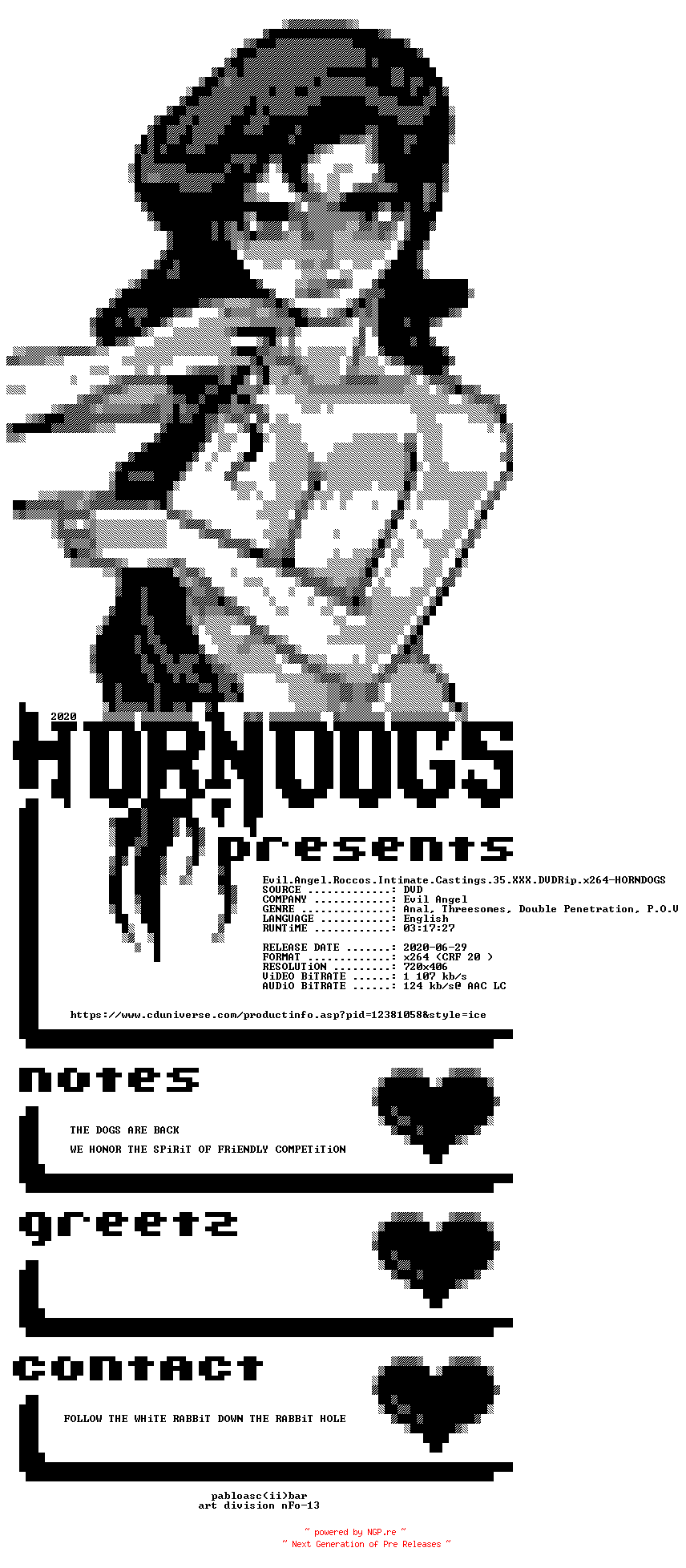 NFO for the release Evil.Angel.Roccos.Intimate.Castings.35.XXX.DVDRip.x264-HORNDOGS by HORNDOGS