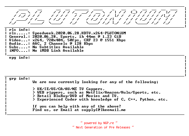 NFO for the release Speedweek.2020.06.28.HDTV.x264-PLUTONiUM by PLUTONiUM