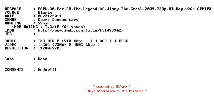 NFO for the release ESPN.30.For.30.The.Legend.Of.Jimmy.The.Greek.2009.720p.BluRay.x264-SEMTEX by SEMTEX