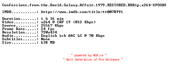 NFO for the release Confessions.from.the.David.Galaxy.Affair.1979.RESTORED.BDRip.x264-SPOOKS by SPOOKS