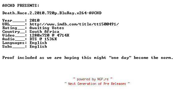 NFO for the release Death.Race.2.2010.720p.BluRay.x264-AVCHD by AVCHD