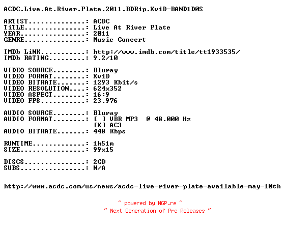 NFO for the release ACDC.Live.At.River.Plate.2011.BDRip.XviD-BAND1D0S by BAND1D0S