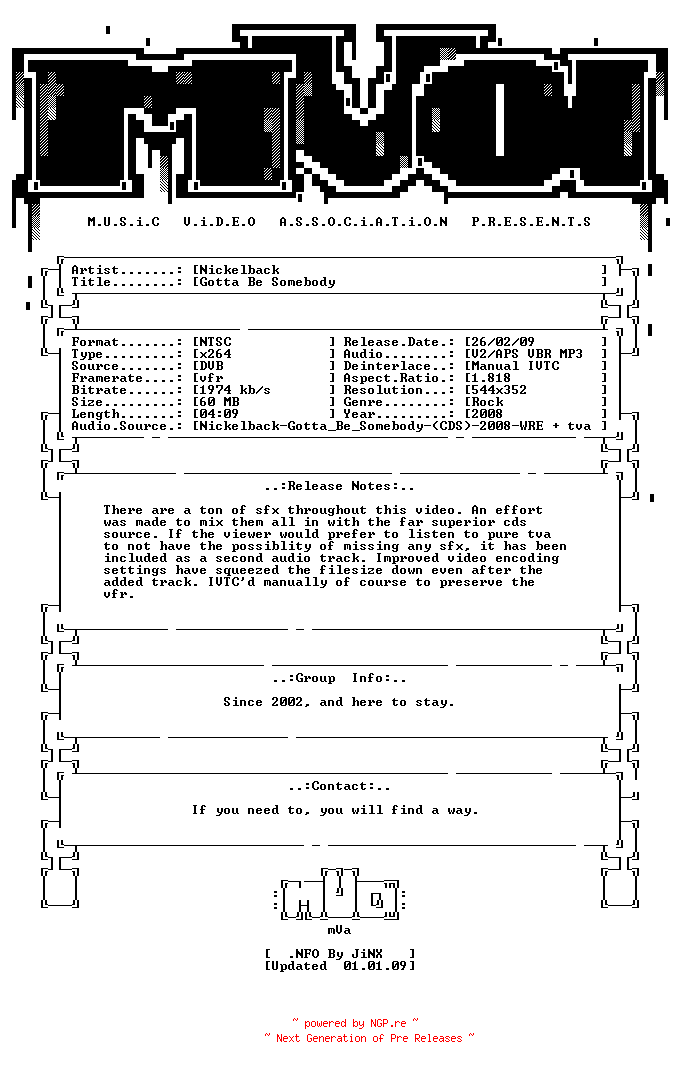 NFO for the release Nickelback-gotta_be_somebody-repack-x264-2008-mVa by mVa