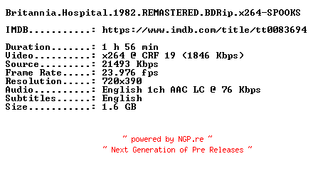 NFO for the release Britannia.Hospital.1982.REMASTERED.BDRip.x264-SPOOKS by SPOOKS