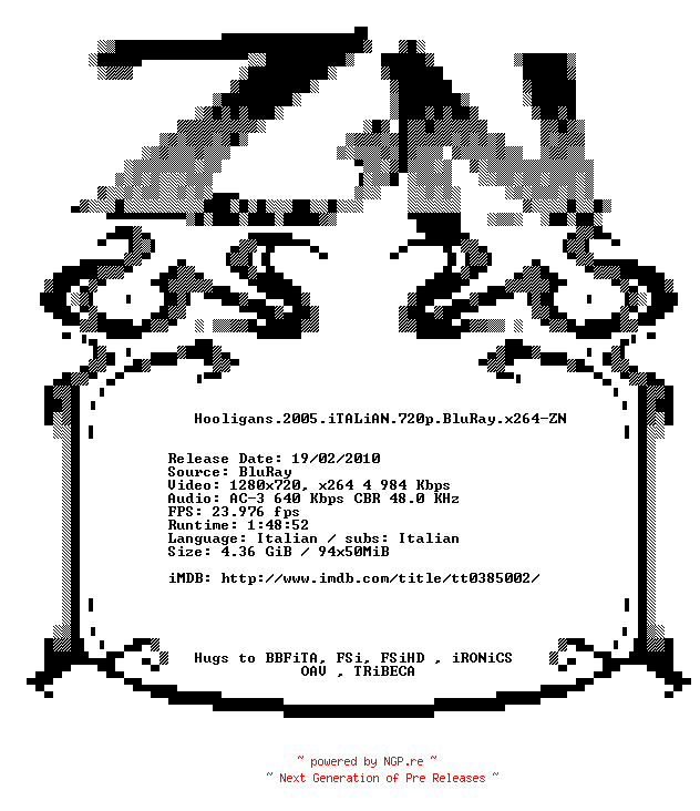 NFO for the release Hooligans.2005.iTALiAN.720p.BluRay.x264-ZN by ZN