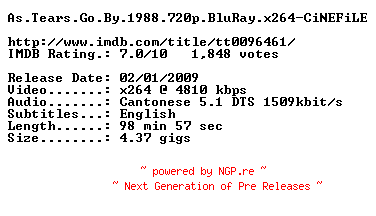 NFO for the release As.Tears.Go.By.1988.720p.BluRay.x264-CiNEFiLE by CiNEFiLE