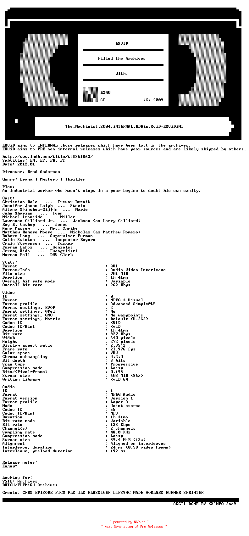 NFO for the release The.Machinist.2004.iNTERNAL.BDRip.XviD-EXViDiNT by EXViDiNT