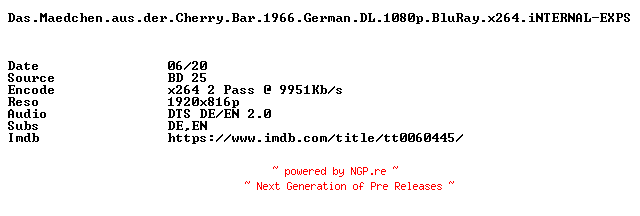 NFO for the release Das.Maedchen.aus.der.Cherry.Bar.1966.German.DL.1080p.BluRay.x264.iNTERNAL-EXPS by EXPS