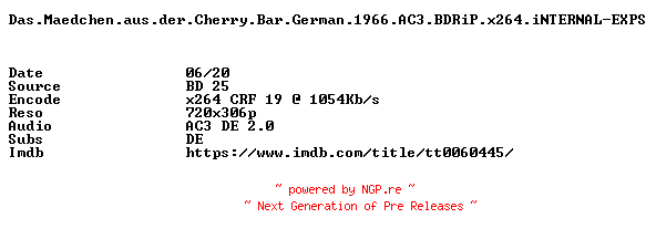 NFO for the release Das.Maedchen.aus.der.Cherry.Bar.German.1966.AC3.BDRiP.x264.iNTERNAL-EXPS by EXPS