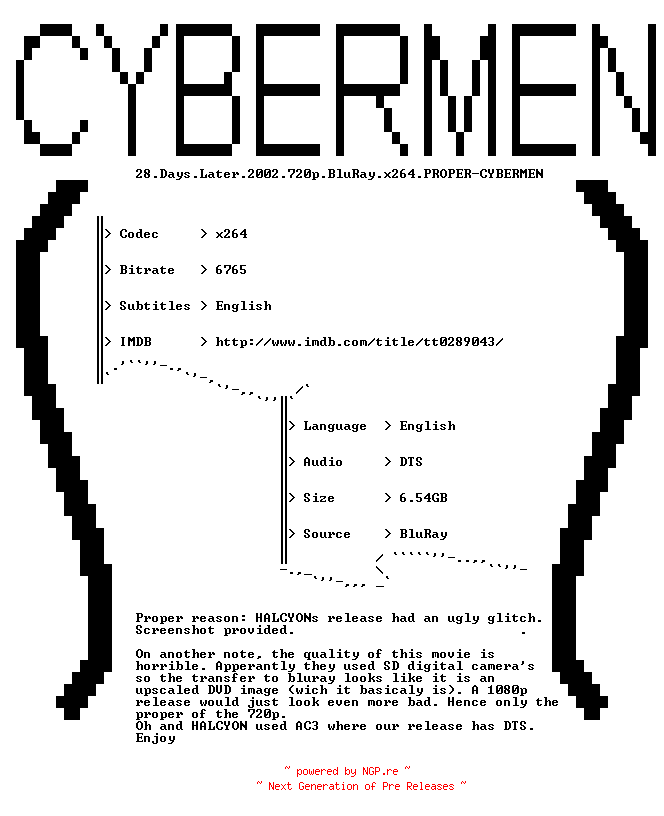 NFO for the release 28.Days.Later.2002.720p.BluRay.x264.PROPER-CYBERMEN by CYBERMEN