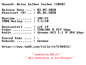 NFO for the release Onward.Keine.halben.Sachen.German.2020.AC3.BDRip.x264-COiNCiDENCE by COiNCiDENCE