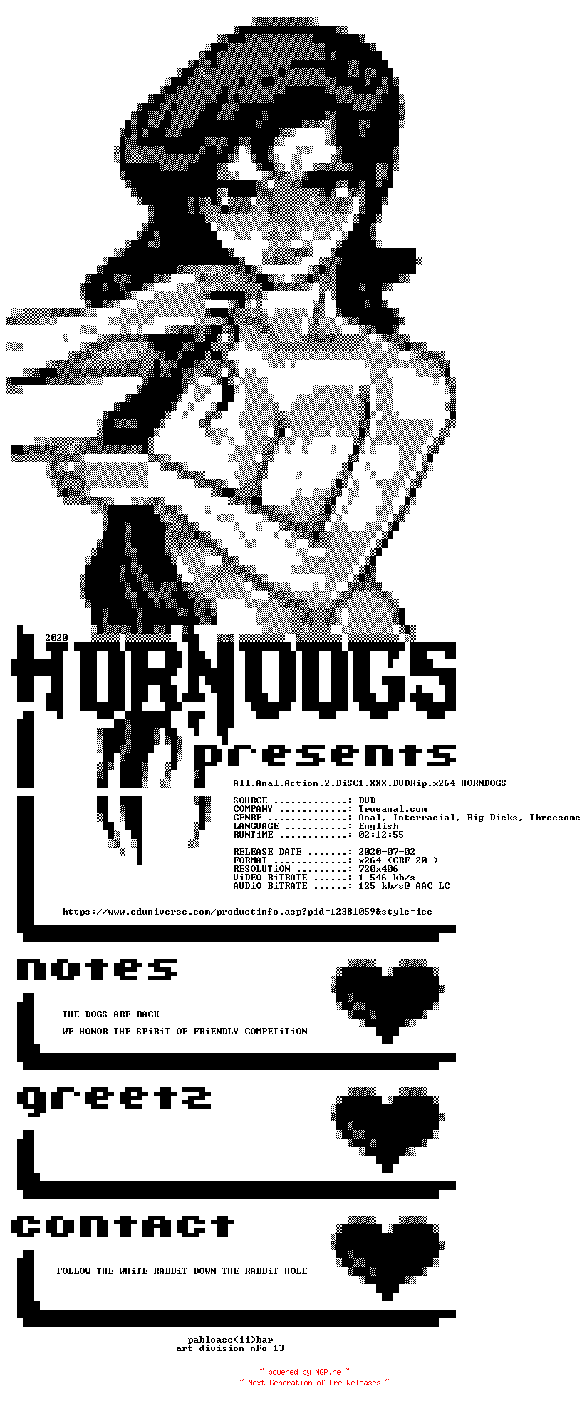 NFO for the release All.Anal.Action.2.DiSC1.XXX.DVDRip.x264-HORNDOGS by HORNDOGS